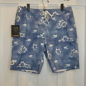 New BRIXTON Barge Beach Wear Performance Trunk Hibiscus Blue (Size 32) MSRP $59